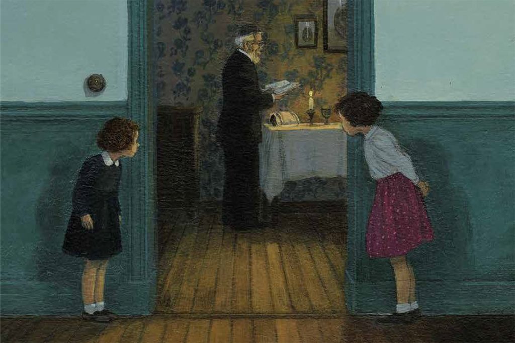 Deux petites filles regardent leur voisin juif en train de prier.