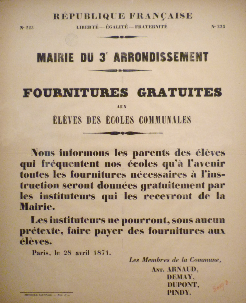 Fournitures gratuites, affiche du 28 avril 1871