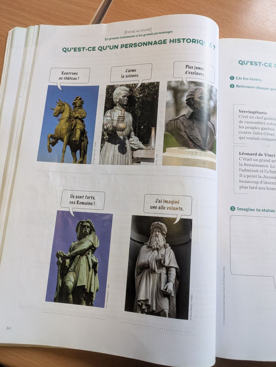 page du manuel Espace Temps retz CE2 - on y voit des statues de "personnages historiques"