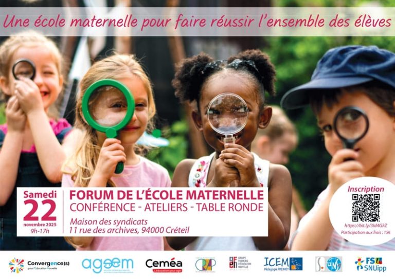 affiche forum de la maternelle - deux enfants regardent à la loupe