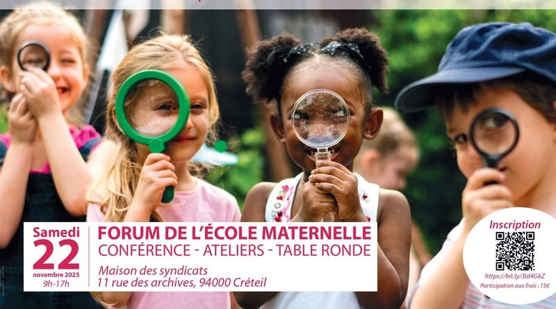 affiche forum de la maternelle - deux enfants regardent à la loupe