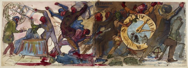 Scène de dispute, on voit une horloge en fond.